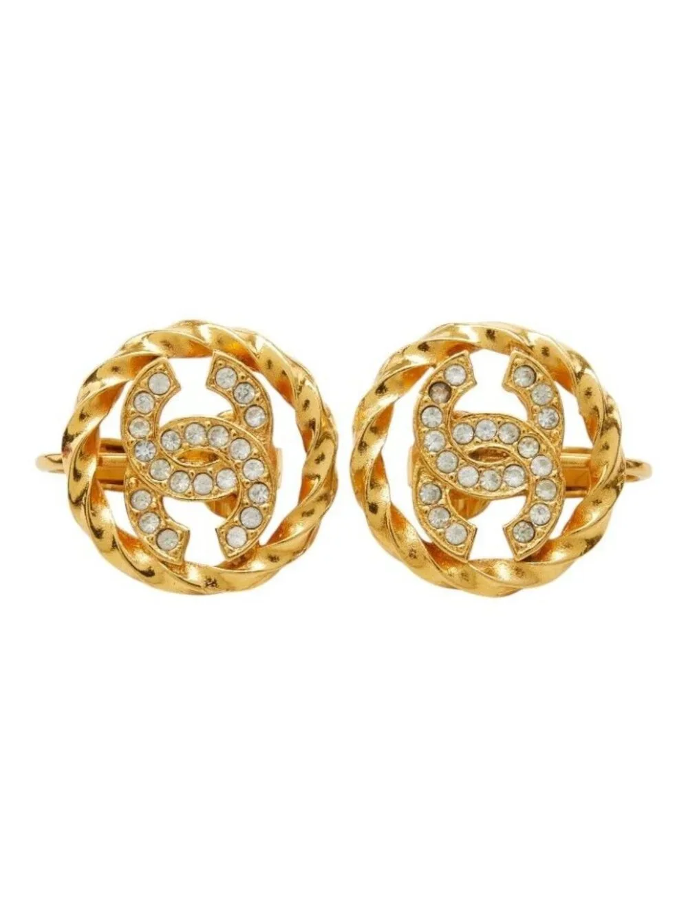 Chanel CC Logo Earrings Gold Plated Rhinestone